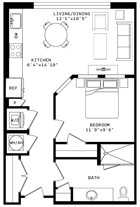 Floor plan for 1 bed, 1 bath, 595 sqft
